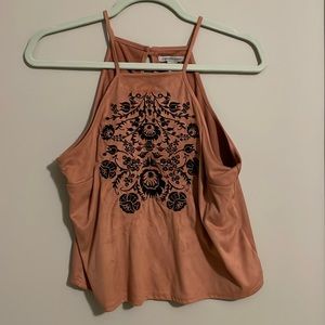 Velvet blush crop top with black floral embroidery